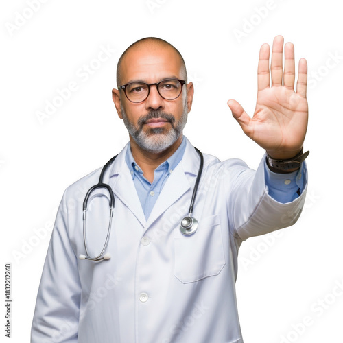 Doctor with hand raised in stop gesture isolated on transparent background