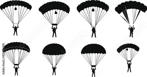 Parachute silhouettes, skydiving icons, aerial descent, canopy variations, extreme sport, vector illustration, black shapes, aviation training, isolated graphics, comparison set