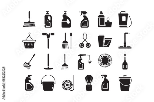 Collection of cleaning supplies and tools icons
