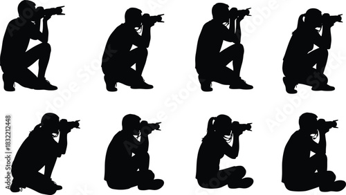 Photographer silhouette, camera pose, crouching figure, black outline, photo shoot, action stance, professional photography, isolated, vector, design element