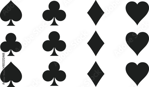 Playing card suits grid, spade, club, diamond, heart symbols, black icons, symmetrical layout, vector design, game elements, minimal style