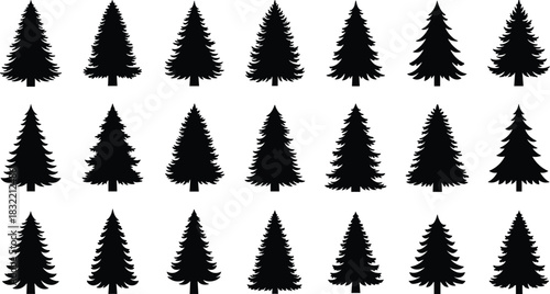 Pine tree silhouette collection, forest icon set, evergreen tree shapes, nature graphic elements, black tree design, woodland illustration pack