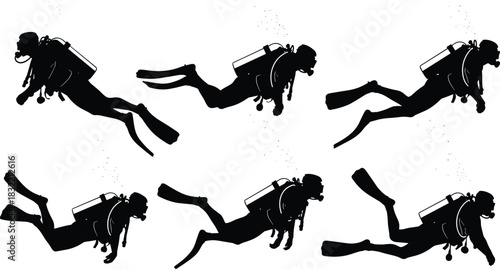 Scuba diving silhouettes, underwater activity, black diver icons, swimming poses, bubbles, fins, ocean exploration, aquatic sport, graphic illustration, adventure