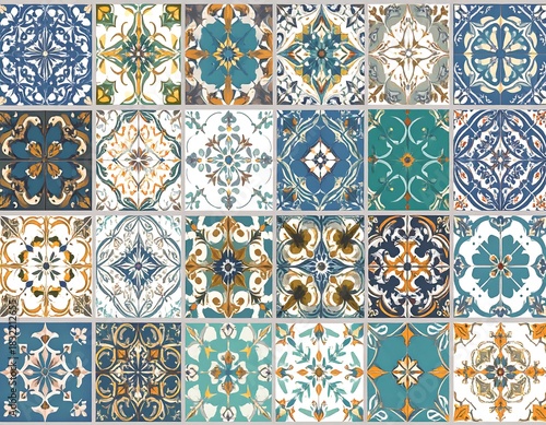 Twenty-eight square tiles, each featuring a unique intricate floral and geometric pattern in various color palettes