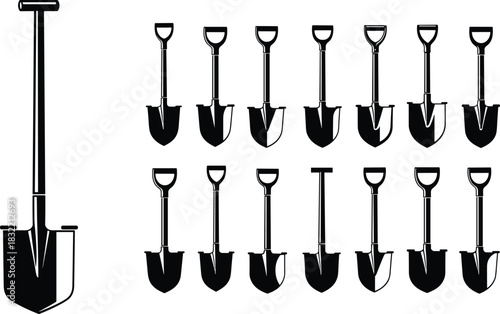 Shovel icon set, vector illustration, digging tools, garden spade, construction equipment, blade shapes, handle variations, tool design collection, isolated