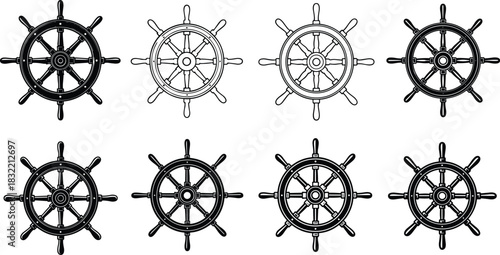 Ship wheel icon set, nautical symbol collection, maritime steering wheel, vintage helm design, marine navigation graphic, ocean theme illustration