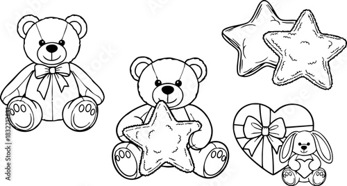 Cute line art teddy bear set with plush star pillow, heart gift box and small bunny toy arranged for kids coloring page in simple black outline style