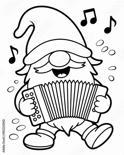 A playful gnome is joyfully playing an accordion while musical notes float around