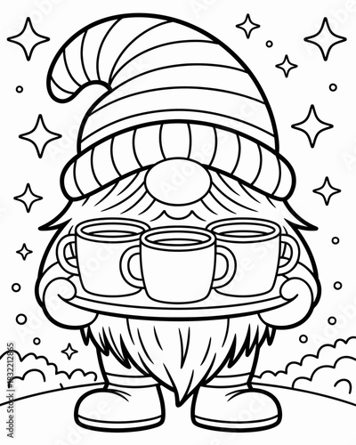 A cute gnome with a large hat and bushy beard holds three steaming mugs