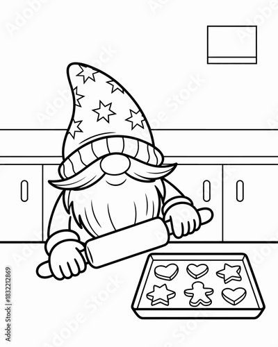 A cheerful gnome rolls out cookie dough with a rolling pin.