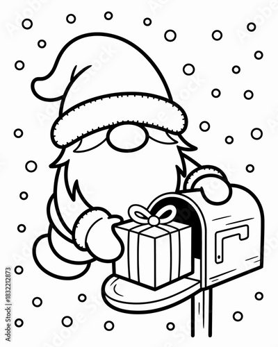 A cartoon-style Santa Claus is placing a wrapped gift into a mailbox.