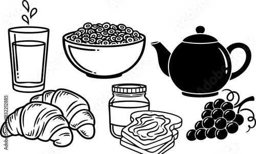 Black and white line art breakfast set with cereal bowl, croissants, jam toast, tea pot, grapes and glass of juice, minimal flat design style
