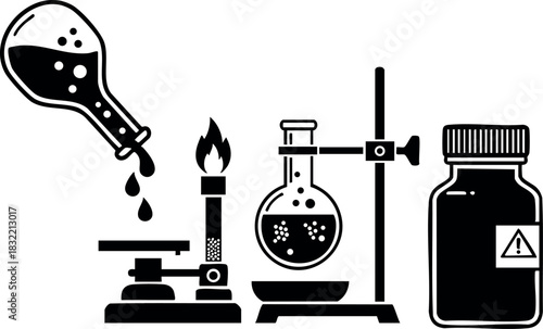 Minimalist flat design chemistry experiment setup with dripping flask, boiling reaction on bunsen burner stand, and hazardous reagent bottle, black laboratory silhouette on clean white background