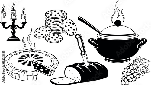 Monochrome flat design thanksgiving dinner vector art with steaming soup pot, sliced pie, bread loaf, cookie stack, grapes and candle holder arrangement