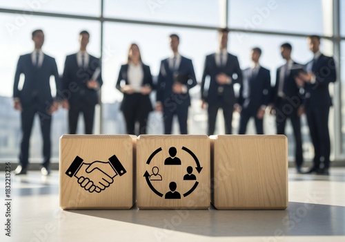 Business team standing behind wooden blocks with partnership and teamwork icons