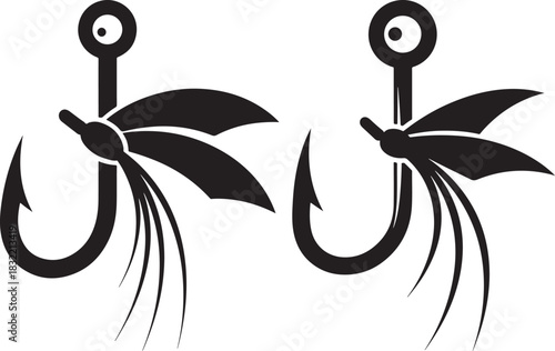 Two fishing hooks with dragonfly lures silhouette