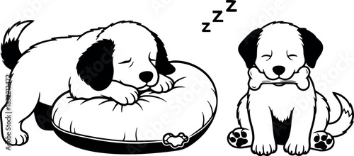 Cute line art puppies sleeping on cushion and sitting with bone toy, cartoon black and white vector art for kids coloring page and pet care education
