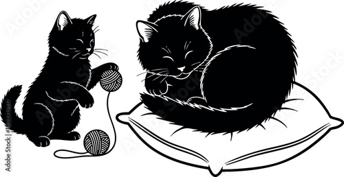 Black line art cats in playful and sleeping poses, kitten playing with yarn balls beside curled resting cat on cushion, simple monochrome vector illustration, calm cozy mood