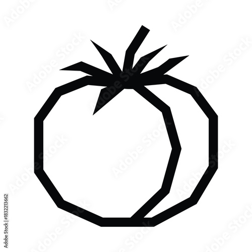 Simple black outline icon of a tomato with stem and leaves on white background
