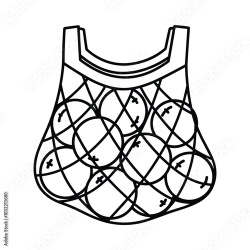 Hand drawn illustration of a reusable mesh grocery bag filled with round fruits like oranges or apples