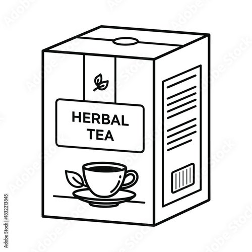 Hand drawn illustration of a box of herbal tea with a cup and saucer