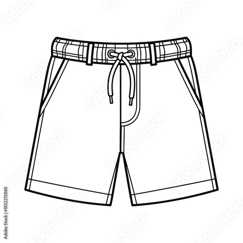 Line drawing of a pair of casual shorts with an elastic waistband and drawstring