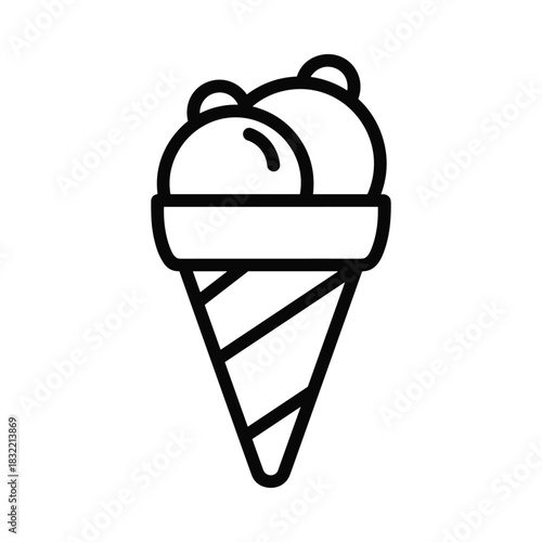 Simple black and white outline icon of a two scoop ice cream cone