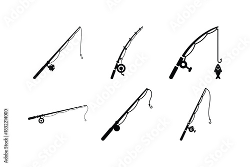 Fishing Rod Silhouette Icon Set on White Background