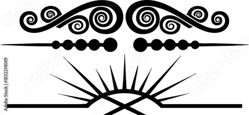 Ornamental line art dividers with swirling curls and sunburst rays, black vector decorative set of three horizontal page separators on white background, minimalist tattoo style