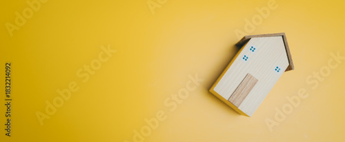 Wooden house model yellow background minimal design small home architecture concept real estate idea cozy house simple decoration isolated object bright color