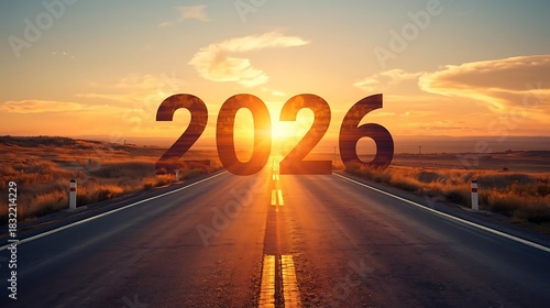 The year 2026 appears as a bright sunrise over a long open road