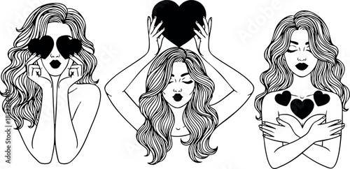 Line art triptych of long haired woman with black hearts over eyes, holding heart above head, and hugging heart shapes, minimalist valentine self love theme