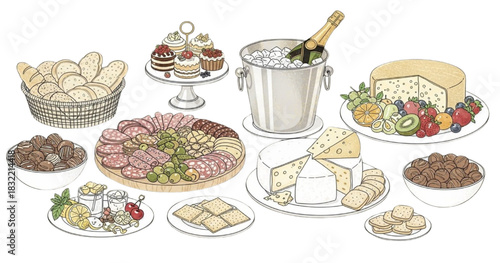 Gourmet Cheese and Charcuterie Platter with Sweets and Champagne in Elegant Setting
