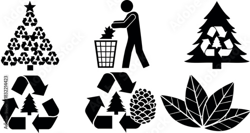 Minimalist flat design eco icons combining recycling symbols with christmas trees, pine cones and leaves, stick figure throwing waste into bin, black silhouette set on white background