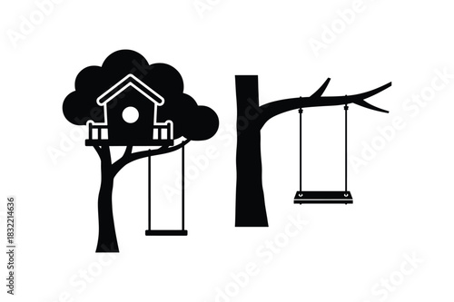 Treehouse Swing Silhouette Icon Collection on White Background