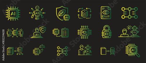  AI Fairness & Ethics Icons set in neon line style — stock vector containing of Responsible Artificial Intelligence, Bias Detection, Privacy, Transparency Glowing Vector Set