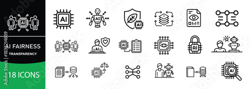 AI Fairness & Transparency Icons — stock vector containing of Ethical Artificial Intelligence, Bias Detection, Privacy, Responsible AI Line Vector Set