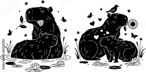 Minimalist black and white flat design capybara families in pond and meadow, eating flowers with butterflies, hearts and bird details, cute animal nature scene
