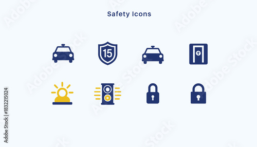 Minimal Flat Safety and Security Icon Set with Police, Locks, and Lights
