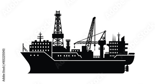 industrial scene depicting oil rigs and a large vessel presented as a striking silhouette