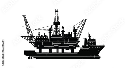 A detailed illustration of an offshore oil platform and ship in black silhouette