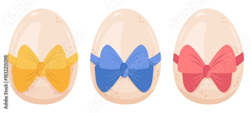 Light chicken eggs are tied with bows of different colors. Vector color drawing symbol of birth, motherhood and new beginnings. Choice of ribbons red, blue, yellow. Fragile eggshell