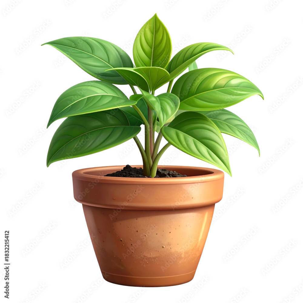 Fototapeta premium Lush green houseplant growing in a simple terracotta flower pot