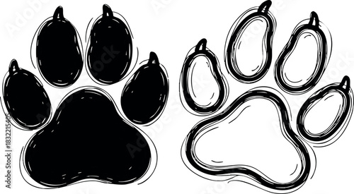 Hand drawn sketch style black and white dog paw prints, one solid filled and one outlined, playful doodle vector art for pet branding and animal adoption themes