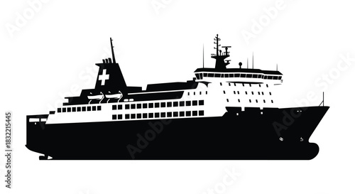 a striking black and white depiction of a large ferry boat at sea silhouette