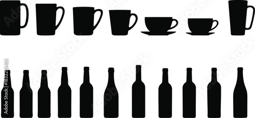 Silhouette, drinkware, bottle, mug, cup, glass, teacup, saucer, beverage, container, kitchen, utensil, isolated, black, shape, design, collection, minimal, vector, icon