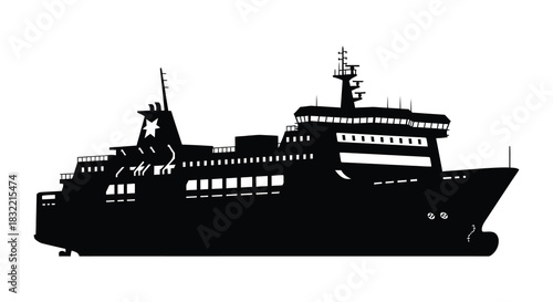 A striking black and white depiction of a large passenger ship at sea silhouette
