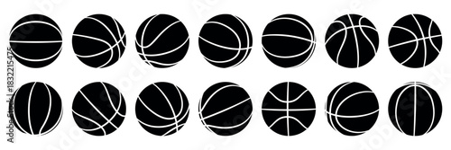Collection of black and white basketball from different angles. Flat vector illustration isolated on a white background.