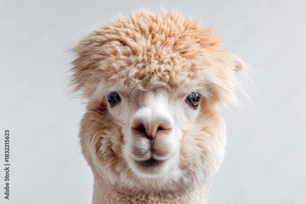 Naklejka premium Fluffy Alpaca Headshot on Clean White Background Capturing Unique Features and Expressions of this Adorable Animal