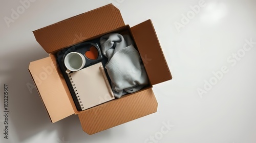 Corporate welcome kit box on desk hero background for onboarding campaign banner